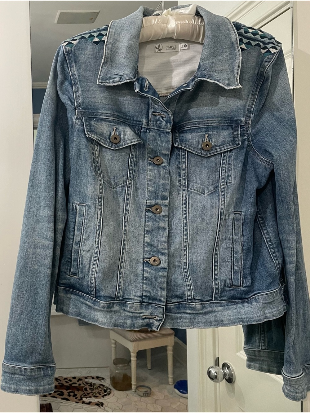 Carve Designs Light Wash Denim Jacket with Geometric Shoulder Trim